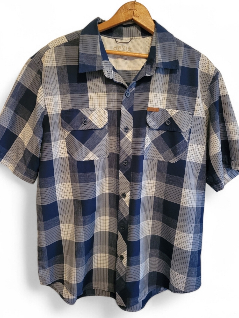 Orvis Button Down Shirt Mens L Blue Plaid Short Sleeve  Fishing Hiking